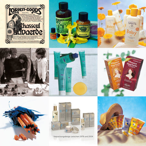Collage Verpackungsdesign der Logocos Naturkosmetik Marken zwischen 1978 und 2004