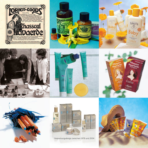 Collage Verpackungsdesign der Logocos Naturkosmetik Marken zwischen 1978 und 2004