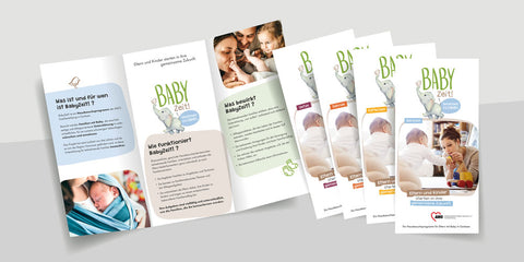 Darstellung der Flyer aller Ortsverbände des Projektes "BabyZeit!" der AWO Region Hannover e.V. Familienbildung