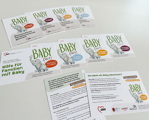 Postkartenabbildung aller Ortsverbände des Projektes "BabyZeit!" der AWO Region Hannover e.V. Familienbildung