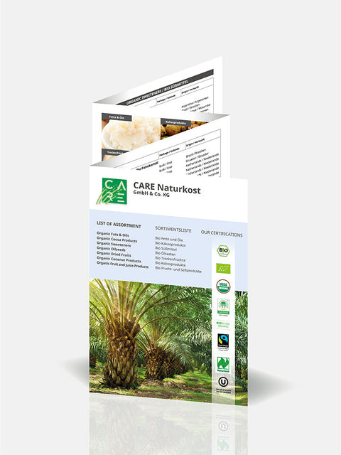 Faltflyer als stehende Mock-Up-Ansicht unseres Kunden Care Naturkost GmbH