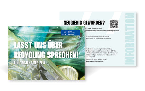 Infopostkarte Vorder- und Rückseite des Recycling-Projektes der ZEW "Zentrale Einrichtung für Weiterbildung" der Leibniz Universität Hannover
