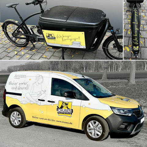 Darstellung der Werbebeschriftungen auf PKW und Lastenfahrrad für Cruses Buchhandlung