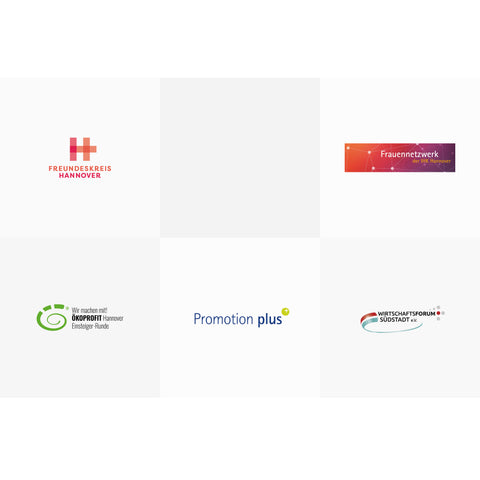 Logoübersicht unserer Netzwerkpartner in Kacheloptik: Freundeskreis Hannover, Frauennetzwerk der IHK Hannover, Ökoprofit Hannover, Promotion plus, Wirtschaftsforum Südstadt e.V.