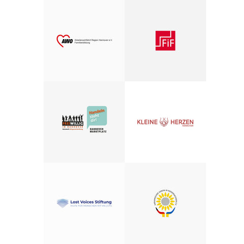 Logoübersicht der Vereine und Einrichtungen, die wir unterstützen: AWO Region Hannover e.V. Familienbildung, FiF, Freiwillig in Hannover, Kleine Herzen, Lost Voices Stftung, Ukrainischer Verein in Niedersachsen e.V.
